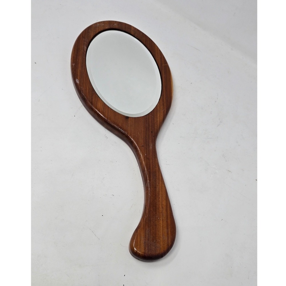 Vtg wooden handheld mirror women brown bird carved vanity folk art rustic boho
